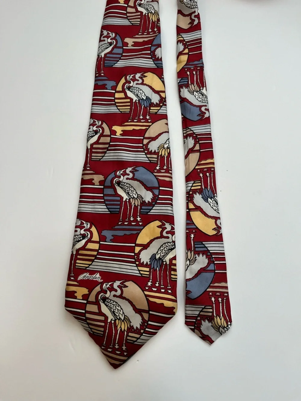 Vintage Chereskin X'Andrini Sweeter Days Tie Bird Print Red Heron Crane